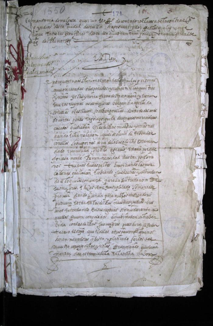 Cédula real para que los que vienen a Indias no abandonen a sus mujeres